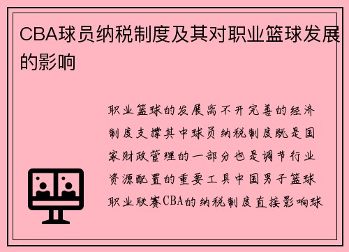 CBA球员纳税制度及其对职业篮球发展的影响